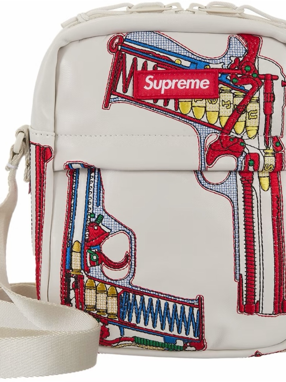 Supreme White Gun Embroidered Graphic Crossbody Bag